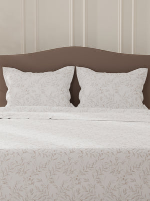Lumina Floret 100% Cotton 144 TC White & Brown Floral Double Bedsheet with 2 Pillow Covers
