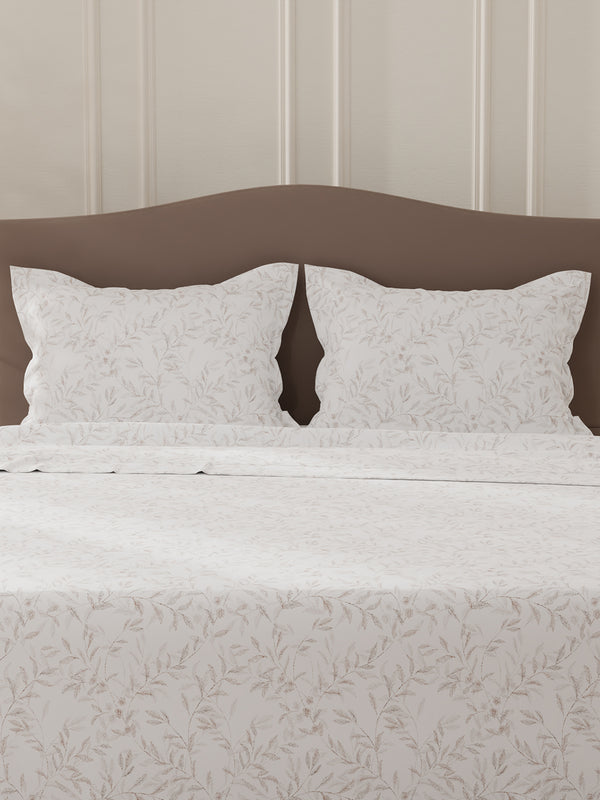 Lumina Floret 100% Cotton 144 TC White & Brown Floral Double Bedsheet with 2 Pillow Covers