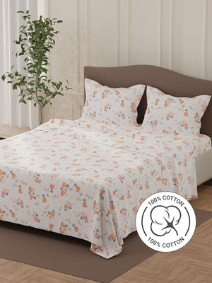 Lumina Floret 100% Cotton 144 TC White & Orange Floral Double Bedsheet with 2 Pillow Covers