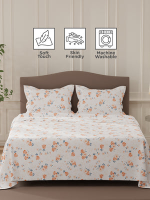 Lumina Floret 100% Cotton 144 TC White & Orange Floral Double Bedsheet with 2 Pillow Covers