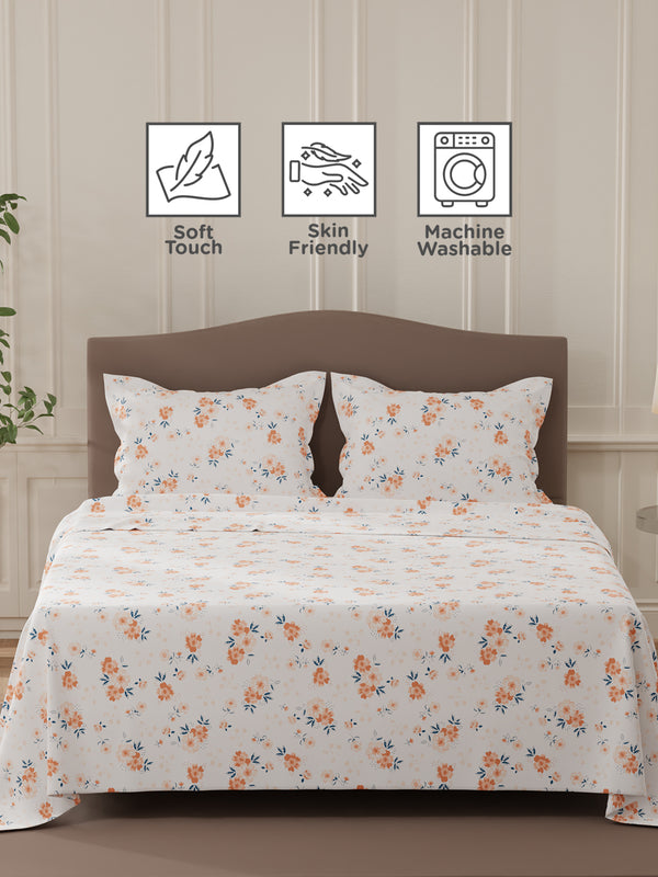 Lumina Floret 100% Cotton 144 TC White & Orange Floral Double Bedsheet with 2 Pillow Covers