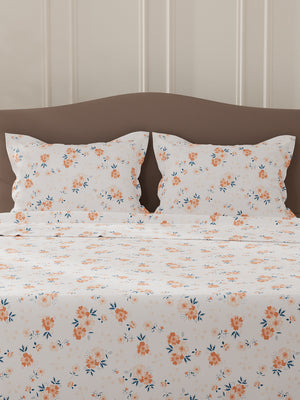Lumina Floret 100% Cotton 144 TC White & Orange Floral Double Bedsheet with 2 Pillow Covers