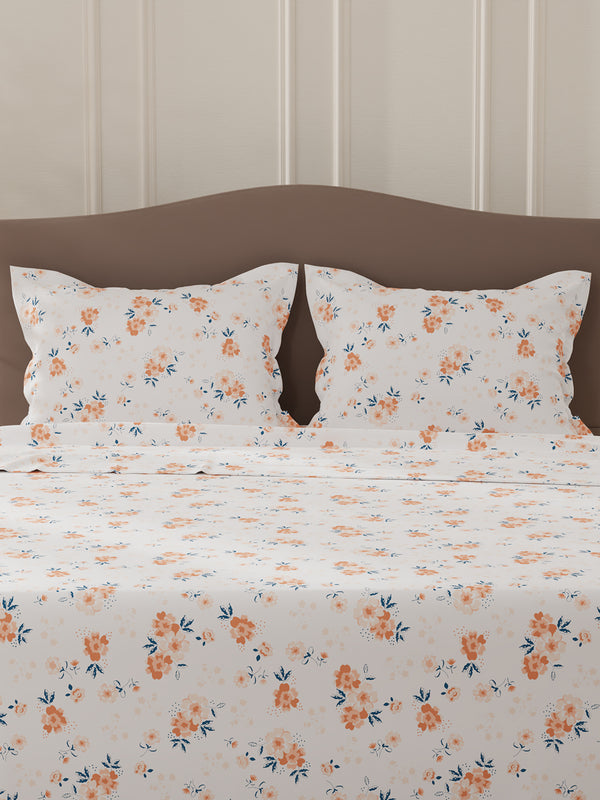 Lumina Floret 100% Cotton 144 TC White & Orange Floral Double Bedsheet with 2 Pillow Covers