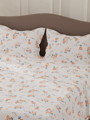 Lumina Floret 100% Cotton 144 TC White & Orange Floral Double Bedsheet with 2 Pillow Covers