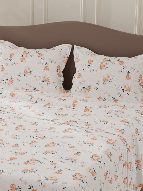 Lumina Floret 100% Cotton 144 TC White & Orange Floral Double Bedsheet with 2 Pillow Covers