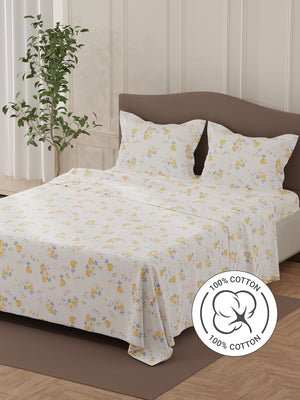 Lumina Floret 100% Cotton 144 TC White & Yellow Floral Double Bedsheet with 2 Pillow Covers