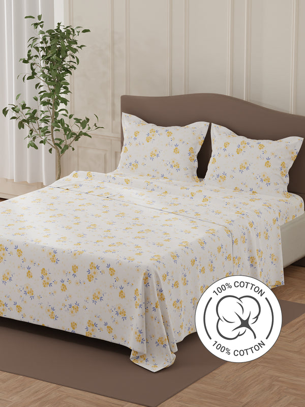 Lumina Floret 100% Cotton 144 TC White & Yellow Floral Double Bedsheet with 2 Pillow Covers