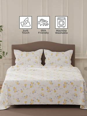 Lumina Floret 100% Cotton 144 TC White & Yellow Floral Double Bedsheet with 2 Pillow Covers