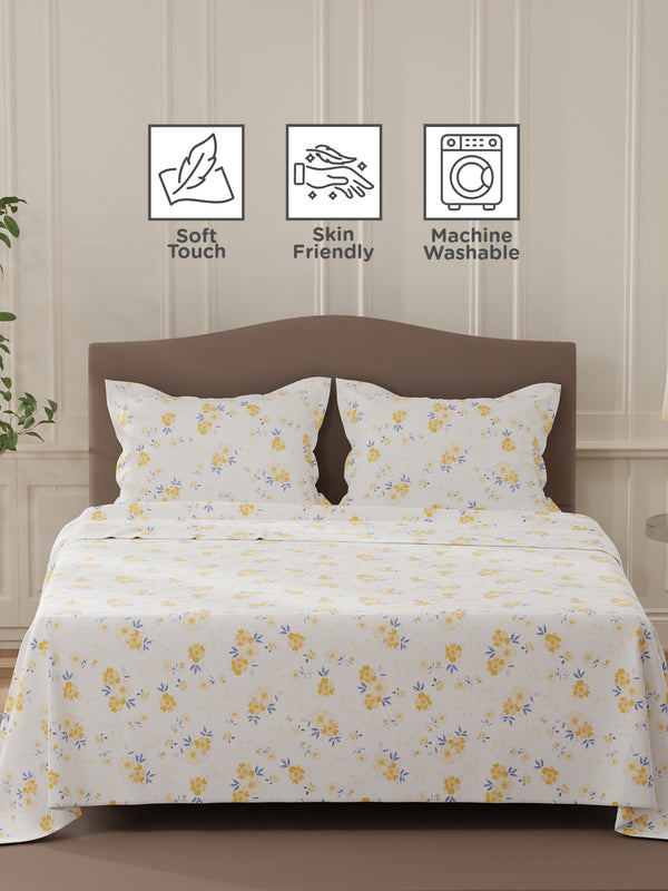 Lumina Floret 100% Cotton 144 TC White & Yellow Floral Double Bedsheet with 2 Pillow Covers