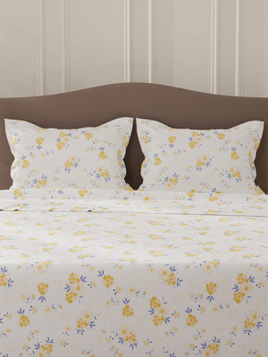 Lumina Floret 100% Cotton 144 TC White & Yellow Floral Double Bedsheet with 2 Pillow Covers