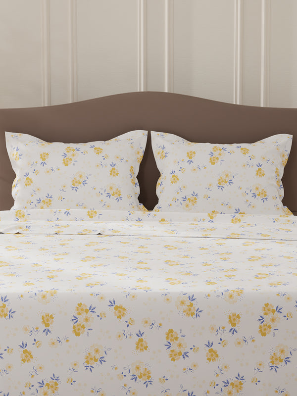 Lumina Floret 100% Cotton 144 TC White & Yellow Floral Double Bedsheet with 2 Pillow Covers