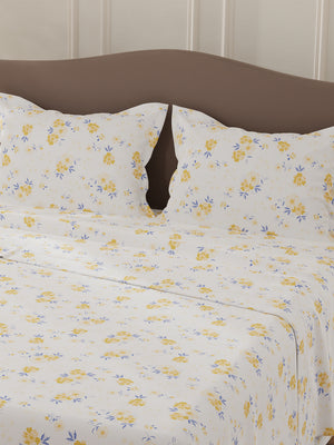 Lumina Floret 100% Cotton 144 TC White & Yellow Floral Double Bedsheet with 2 Pillow Covers
