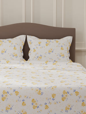 Lumina Floret 100% Cotton 144 TC White & Yellow Floral Double Bedsheet with 2 Pillow Covers