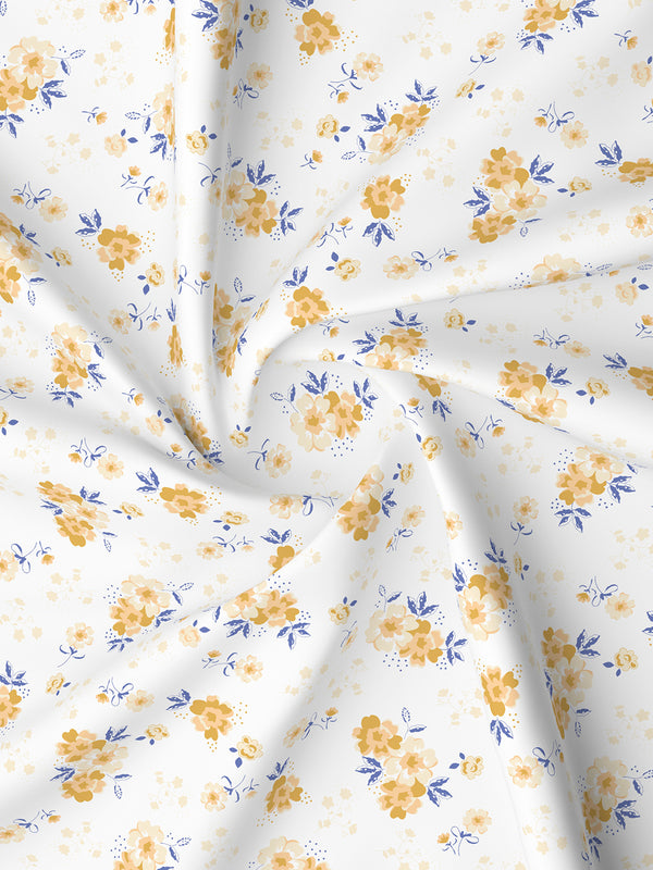 Lumina Floret 100% Cotton 144 TC White & Yellow Floral Double Bedsheet with 2 Pillow Covers