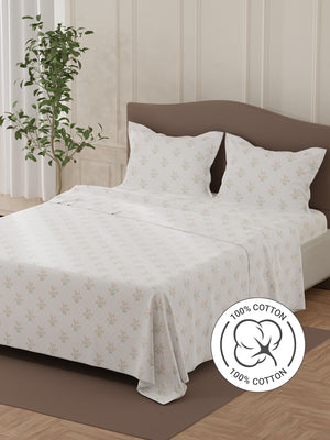 Lumina Floret 100% Cotton 144 TC White & Red Floral Double Bedsheet with 2 Pillow Covers