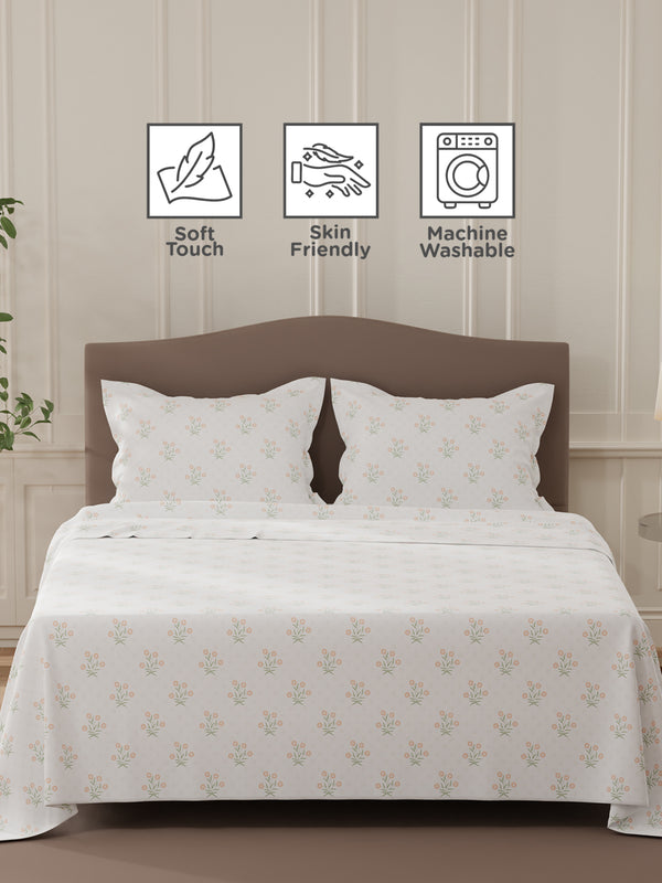 Lumina Floret 100% Cotton 144 TC White & Red Floral Double Bedsheet with 2 Pillow Covers