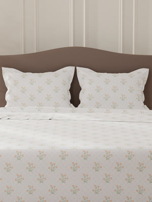 Lumina Floret 100% Cotton 144 TC White & Red Floral Double Bedsheet with 2 Pillow Covers