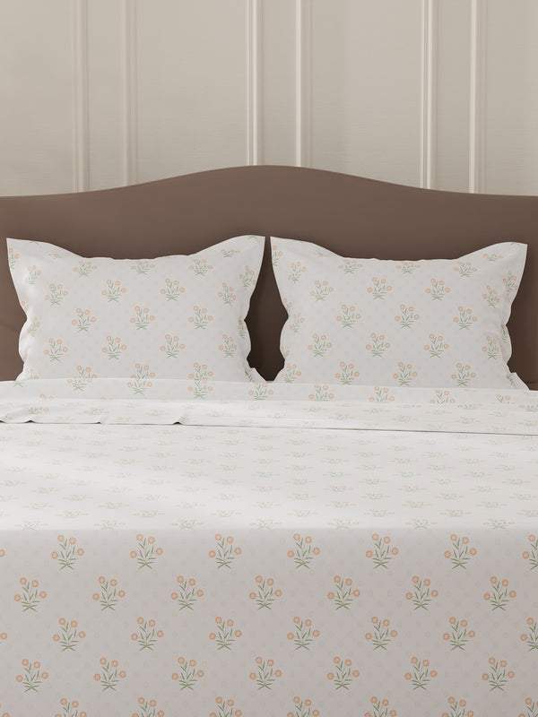 Lumina Floret 100% Cotton 144 TC White & Red Floral Double Bedsheet with 2 Pillow Covers
