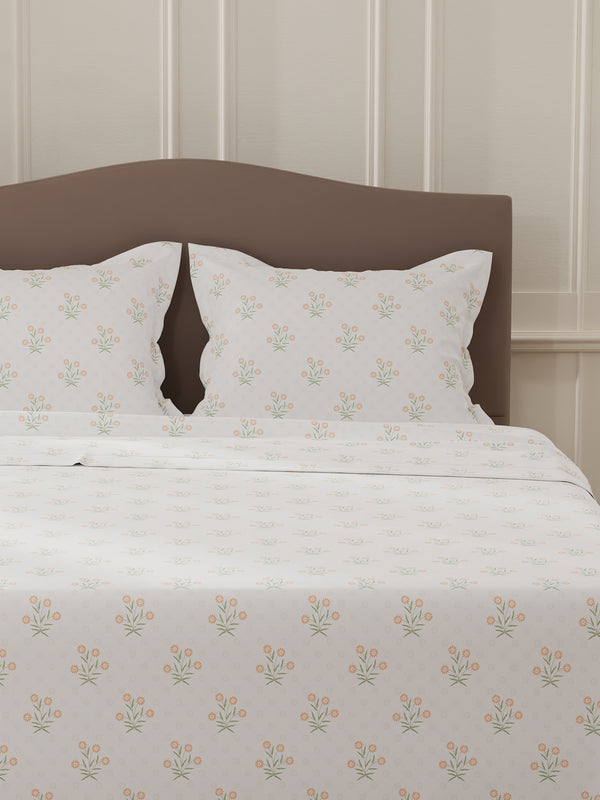 Lumina Floret 100% Cotton 144 TC White & Red Floral Double Bedsheet with 2 Pillow Covers