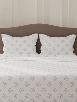 Lumina Floret 100% Cotton 144 TC Blue & White Floral Double Bedsheet with 2 Pillow Covers