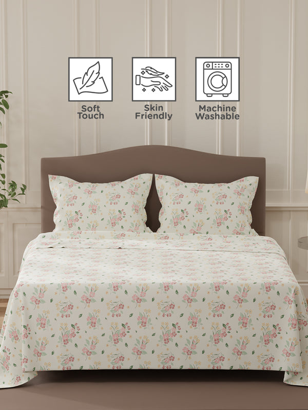 Lumina Floret 100% Cotton 144 TC Pink & White Floral Double Bedsheet with 2 Pillow Covers