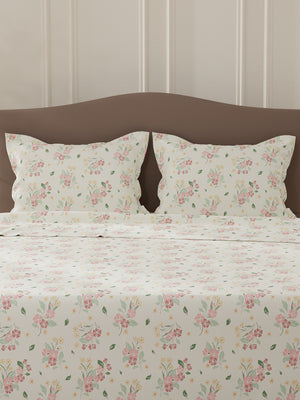 Lumina Floret 100% Cotton 144 TC Pink & White Floral Double Bedsheet with 2 Pillow Covers