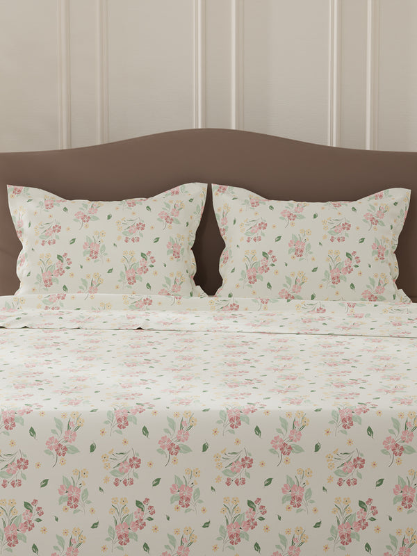 Lumina Floret 100% Cotton 144 TC Pink & White Floral Double Bedsheet with 2 Pillow Covers