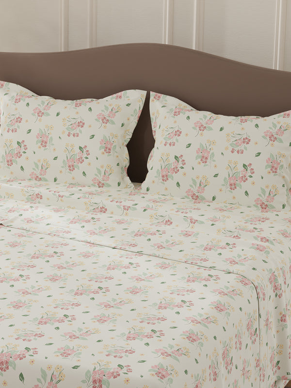 Lumina Floret 100% Cotton 144 TC Pink & White Floral Double Bedsheet with 2 Pillow Covers