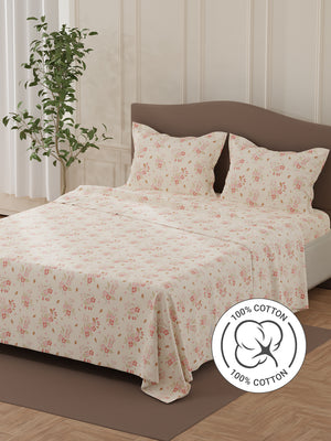 Lumina Floret 100% Cotton 144 TC Pink Floral Double Bedsheet with 2 Pillow Covers