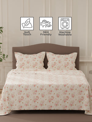 Lumina Floret 100% Cotton 144 TC Pink Floral Double Bedsheet with 2 Pillow Covers