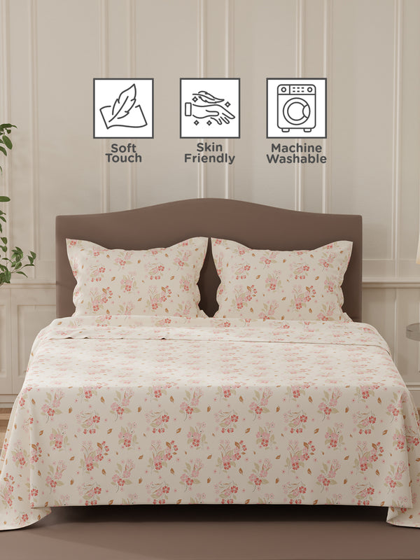 Lumina Floret 100% Cotton 144 TC Pink Floral Double Bedsheet with 2 Pillow Covers