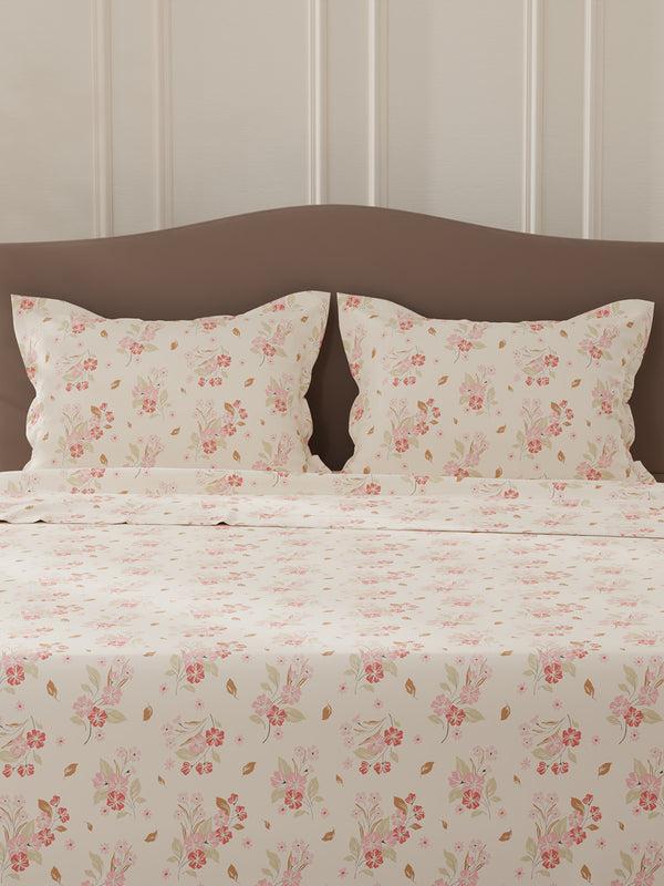 Lumina Floret 100% Cotton 144 TC Pink Floral Double Bedsheet with 2 Pillow Covers