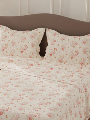 Lumina Floret 100% Cotton 144 TC Pink Floral Double Bedsheet with 2 Pillow Covers