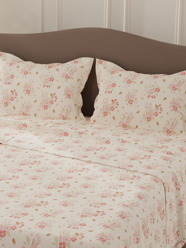 Lumina Floret 100% Cotton 144 TC Pink Floral Double Bedsheet with 2 Pillow Covers