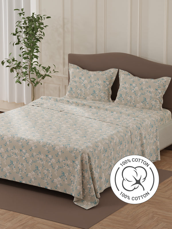 Lumina Floret 100% Cotton 144 TC Grey Floral Double Bedsheet with 2 Pillow Covers