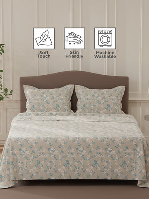 Lumina Floret 100% Cotton 144 TC Grey Floral Double Bedsheet with 2 Pillow Covers