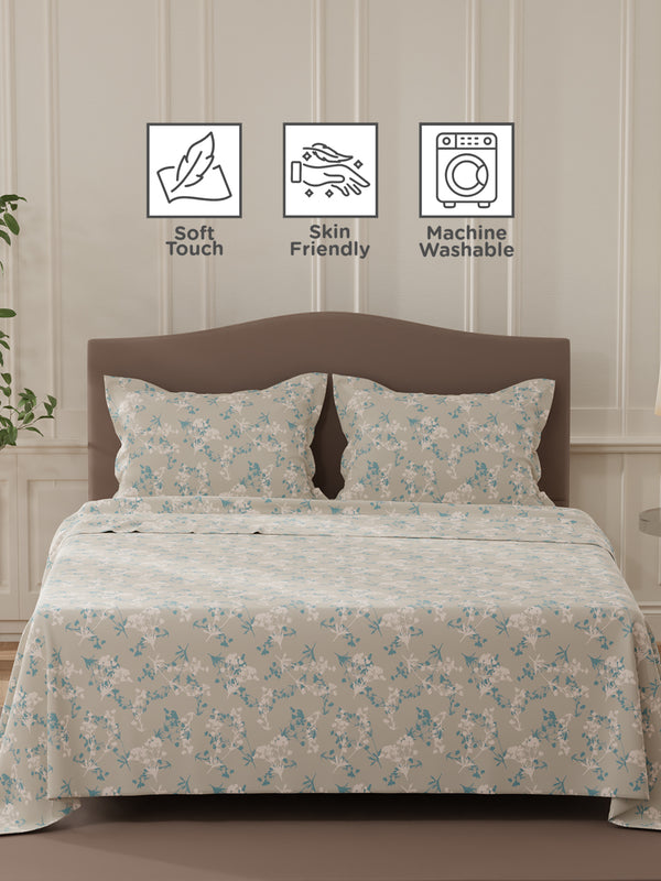 Lumina Floret 100% Cotton 144 TC Grey Floral Double Bedsheet with 2 Pillow Covers