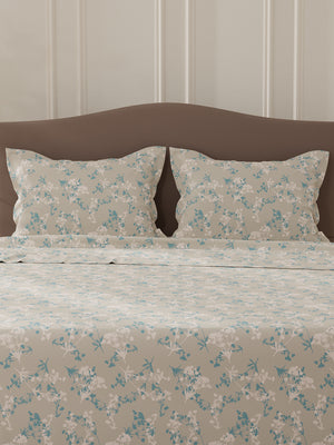 Lumina Floret 100% Cotton 144 TC Grey Floral Double Bedsheet with 2 Pillow Covers