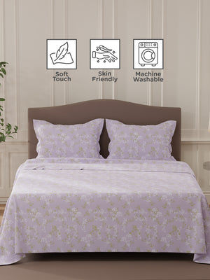 Lumina Floret 100% Cotton 144 TC Purple Floral Double Bedsheet with 2 Pillow Covers