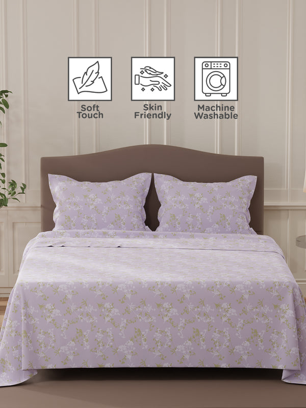 Lumina Floret 100% Cotton 144 TC Purple Floral Double Bedsheet with 2 Pillow Covers