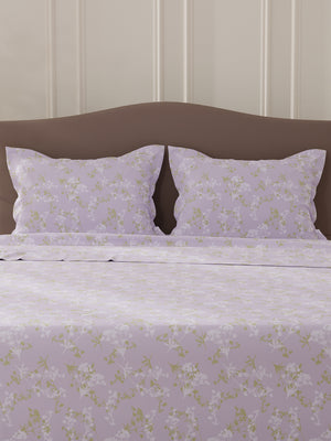 Lumina Floret 100% Cotton 144 TC Purple Floral Double Bedsheet with 2 Pillow Covers