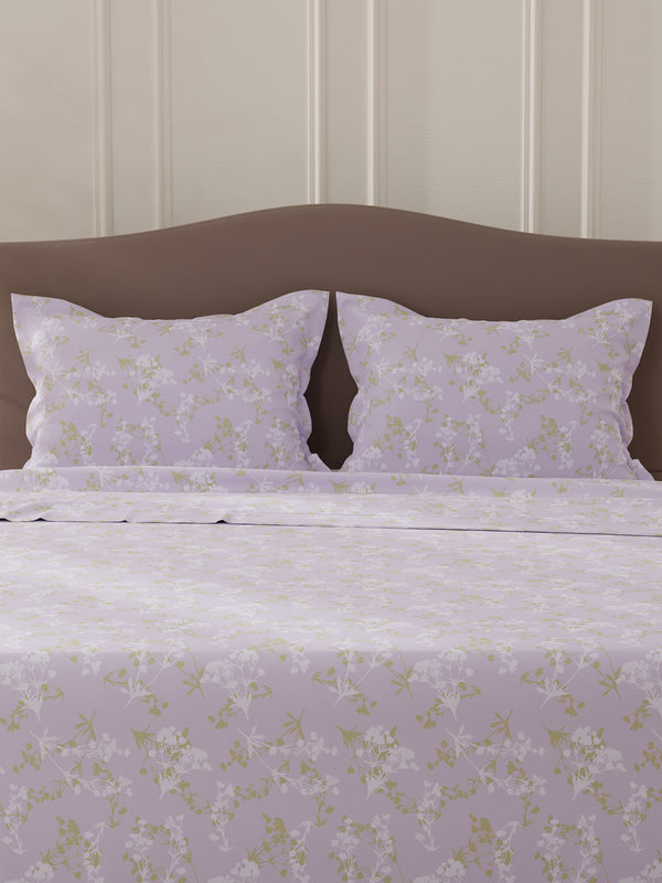 Lumina Floret 100% Cotton 144 TC Purple Floral Double Bedsheet with 2 Pillow Covers