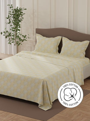 Lumina Floret 100% Cotton 144 TC Yellow & Grey Floral Double Bedsheet with 2 Pillow Covers