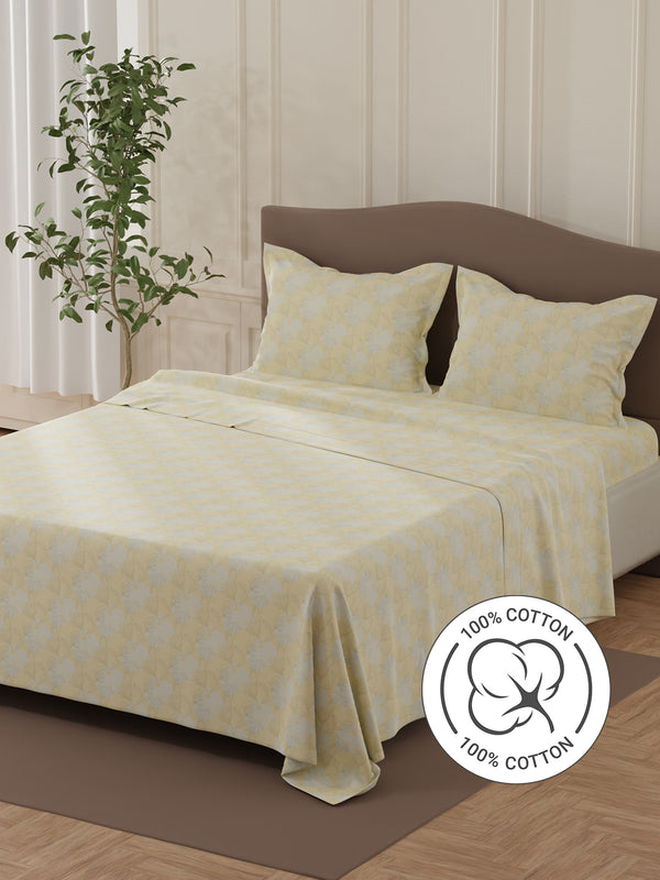 Lumina Floret 100% Cotton 144 TC Yellow & Grey Floral Double Bedsheet with 2 Pillow Covers