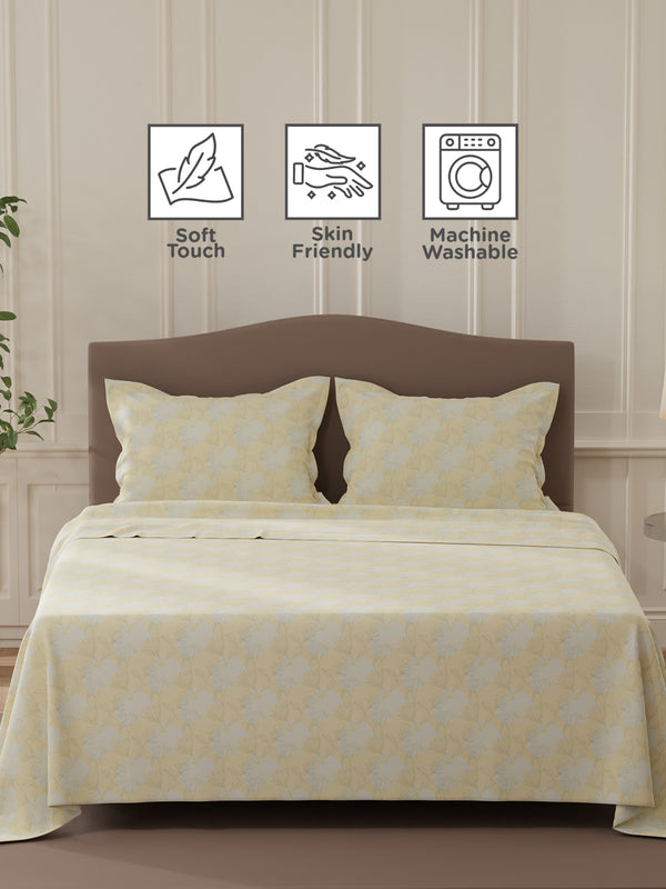 Lumina Floret 100% Cotton 144 TC Yellow & Grey Floral Double Bedsheet with 2 Pillow Covers