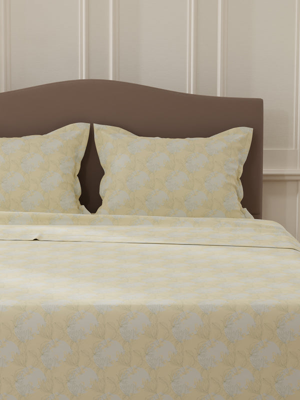 Lumina Floret 100% Cotton 144 TC Yellow & Grey Floral Double Bedsheet with 2 Pillow Covers