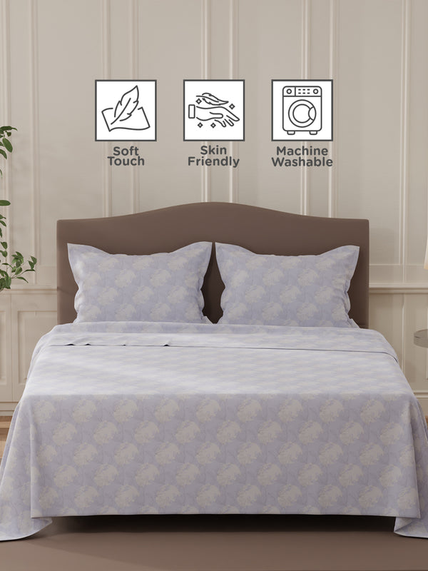 Lumina Floret 100% Cotton 144 TC Purple Floral Double Bedsheet with 2 Pillow Covers