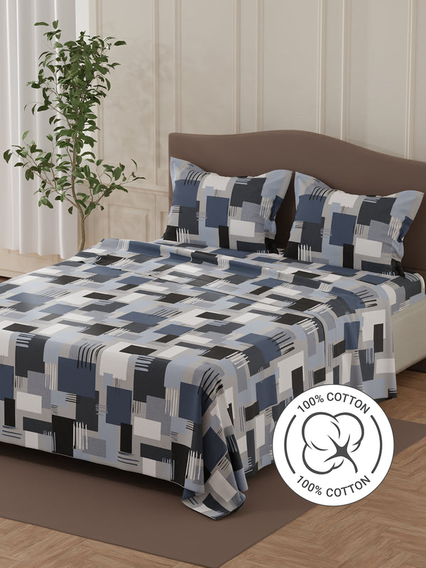Lumina Floret 100% Cotton 144 TC Navy Blue Geometric Double Bedsheet with 2 Pillow Covers