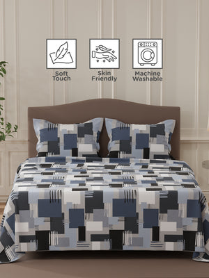 Lumina Floret 100% Cotton 144 TC Navy Blue Geometric Double Bedsheet with 2 Pillow Covers