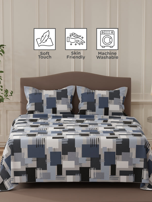 Lumina Floret 100% Cotton 144 TC Navy Blue Geometric Double Bedsheet with 2 Pillow Covers